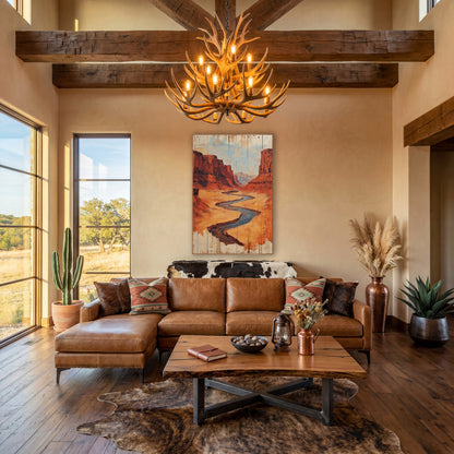 Blue Stream Canyon Cracked Plank wall art in a rustic western-style room – winding blue-gray river through a red rock