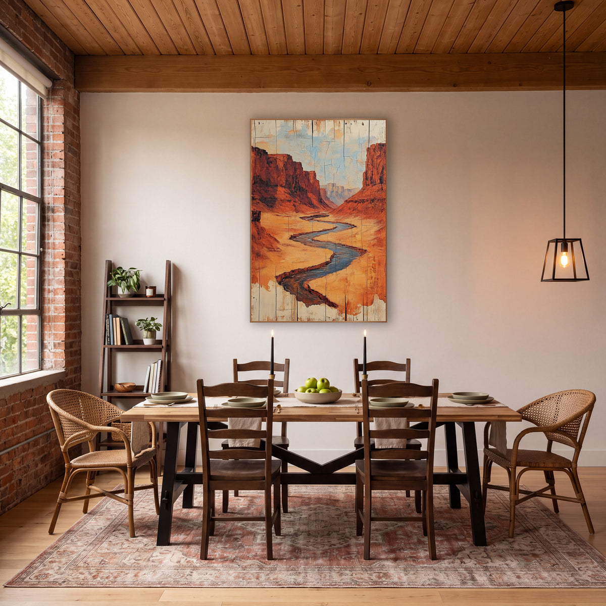 Blue Stream Canyon Cracked Plank wall art in a rustic western-style room – winding blue-gray river through a red rock