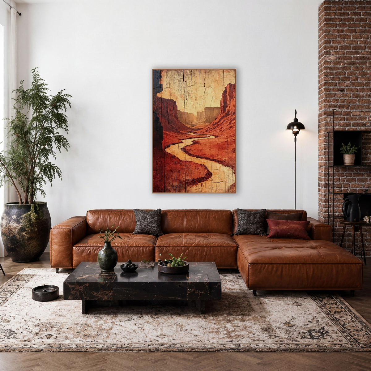 Shadowed Canyon Bend Crackled Wood wall art in a rustic western-style room – winding pale river through red rock