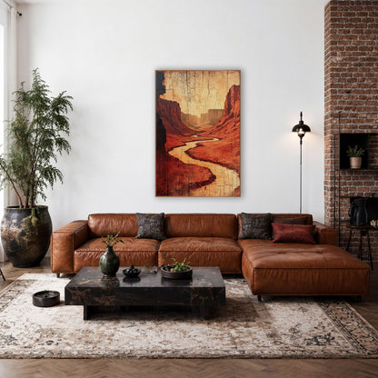 Shadowed Canyon Bend Crackled Wood wall art in a rustic western-style room – winding pale river through red rock