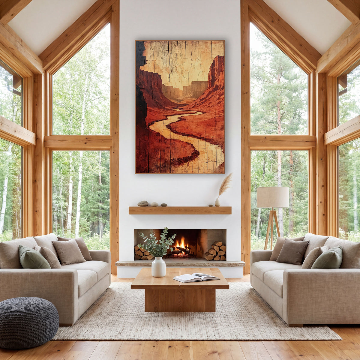 Shadowed Canyon Bend Crackled Wood wall art in a rustic western-style room – winding pale river through red rock