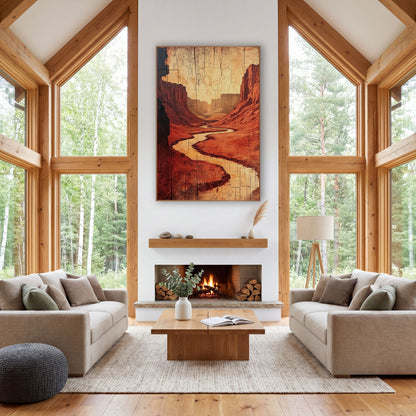 Shadowed Canyon Bend Crackled Wood wall art in a rustic western-style room – winding pale river through red rock