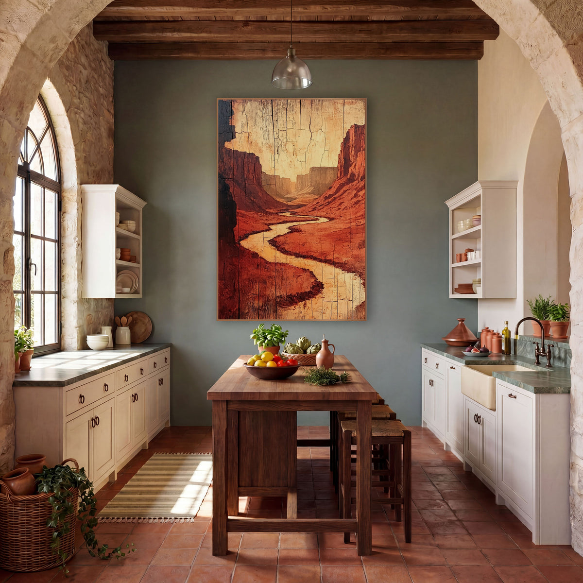 Shadowed Canyon Bend Crackled Wood wall art in a rustic western-style room – winding pale river through red rock