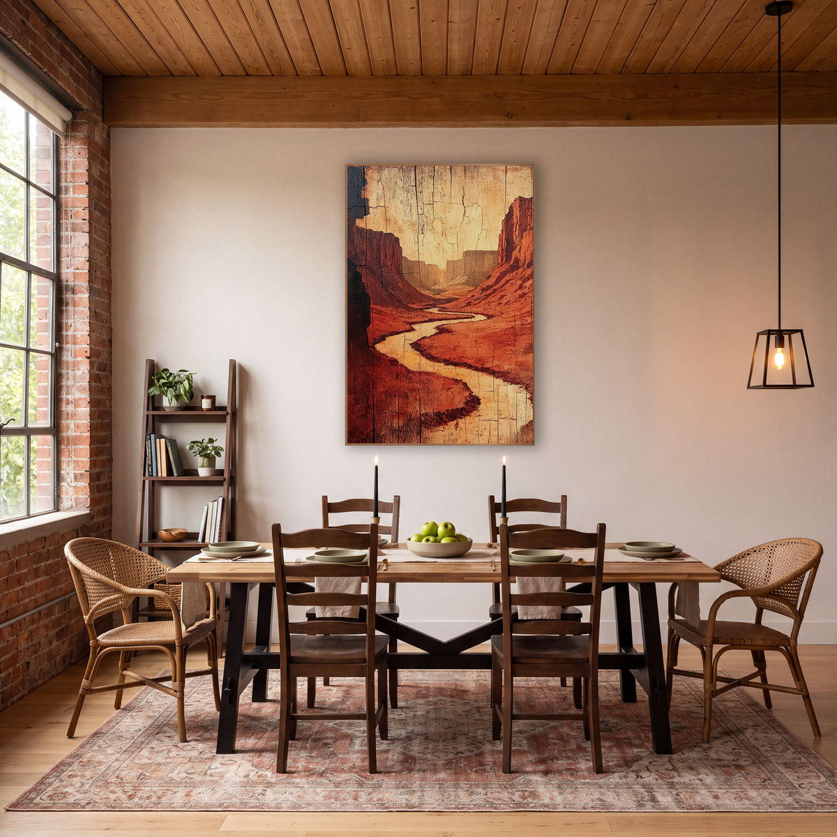 Shadowed Canyon Bend Crackled Wood wall art in a rustic western-style room – winding pale river through red rock