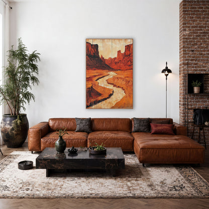 Red Rock Canyon Southwestern Western wall art in a rustic western-style room – winding pale riverbed through a red