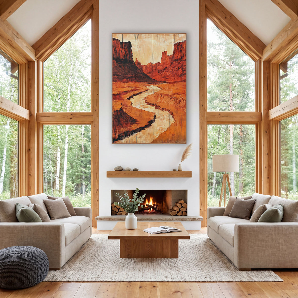 Red Rock Canyon Southwestern Western wall art in a rustic western-style room – winding pale riverbed through a red