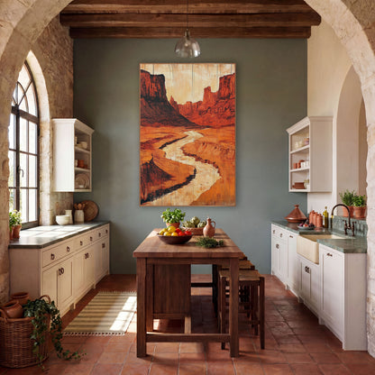 Red Rock Canyon Southwestern Western wall art in a rustic western-style room – winding pale riverbed through a red