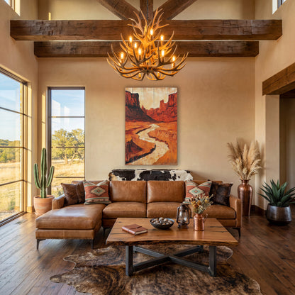 Red Rock Canyon Southwestern Western wall art in a rustic western-style room – winding pale riverbed through a red