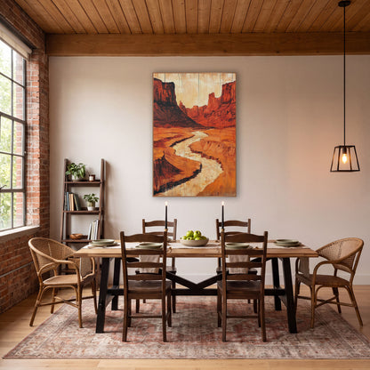 Red Rock Canyon Southwestern Western wall art in a rustic western-style room – winding pale riverbed through a red