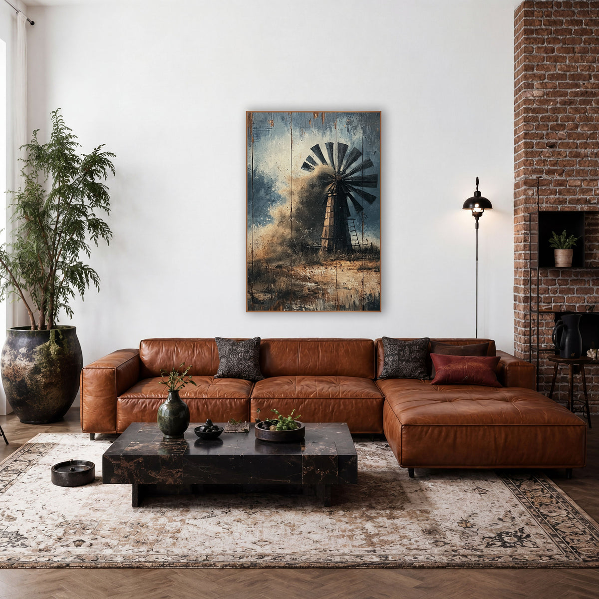 Dust Storm Ranch Windmill Western wall art in a rustic western-style room – dark-bladed ranch windmill partly hidden
