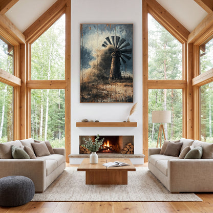 Dust Storm Ranch Windmill Western wall art in a rustic western-style room – dark-bladed ranch windmill partly hidden