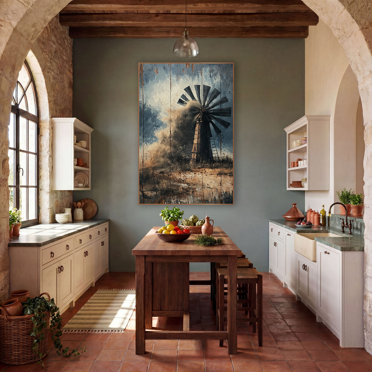 Dust Storm Ranch Windmill Western wall art in a rustic western-style room – dark-bladed ranch windmill partly hidden