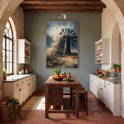 Dust Storm Ranch Windmill Western wall art in a rustic western-style room – dark-bladed ranch windmill partly hidden