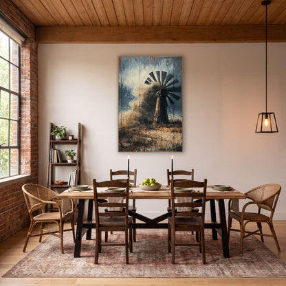 Dust Storm Ranch Windmill Western wall art in a rustic western-style room – dark-bladed ranch windmill partly hidden