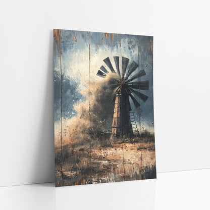 Dust Storm Ranch Windmill Western art print leaning against a white wall – dark-bladed ranch windmill partly hidden by a tan