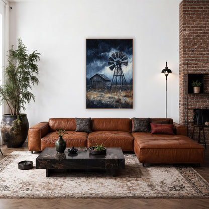 Stormy Ranch Windmill Western wall art in a rustic western-style room – wooden windmill beside a weathered barn
