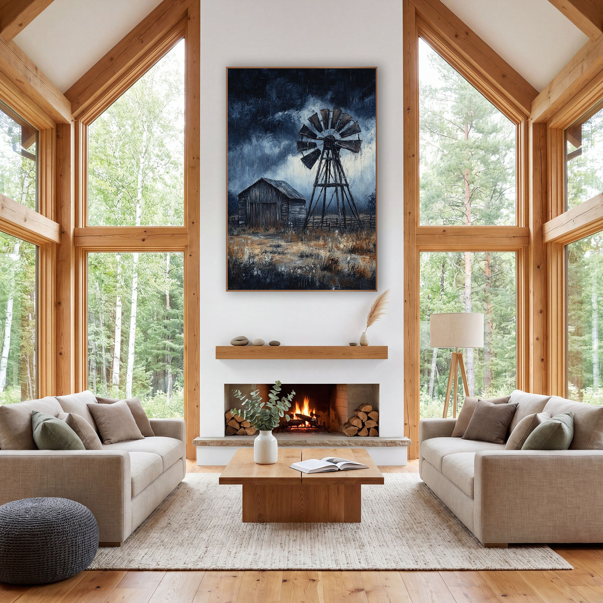 Stormy Ranch Windmill Western wall art in a rustic western-style room – wooden windmill beside a weathered barn