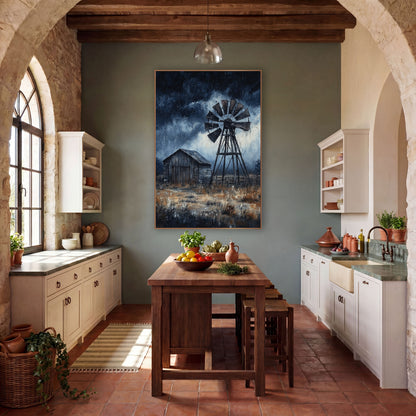Stormy Ranch Windmill Western wall art in a rustic western-style room – wooden windmill beside a weathered barn