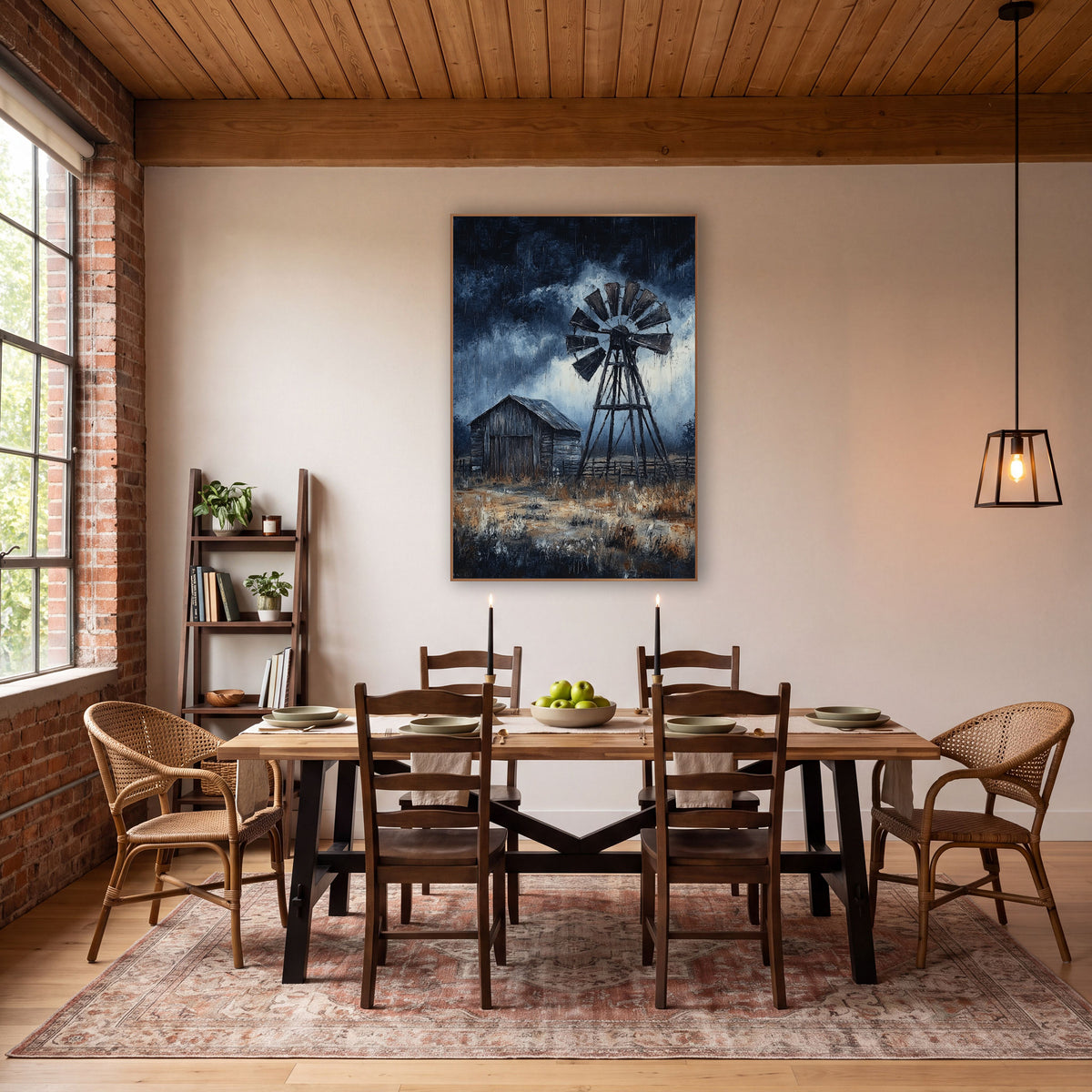 Stormy Ranch Windmill Western wall art in a rustic western-style room – wooden windmill beside a weathered barn
