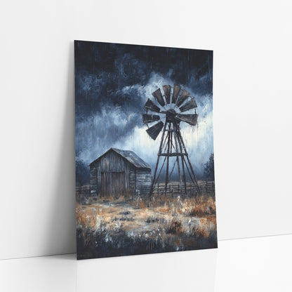 Stormy Ranch Windmill Western art print leaning against a white wall – wooden windmill beside a weathered barn under dark