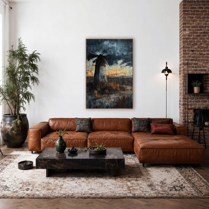 Weathered Windmill Prairie Western Landscape wall art in a rustic western-style room – old windmill with a bent wheel