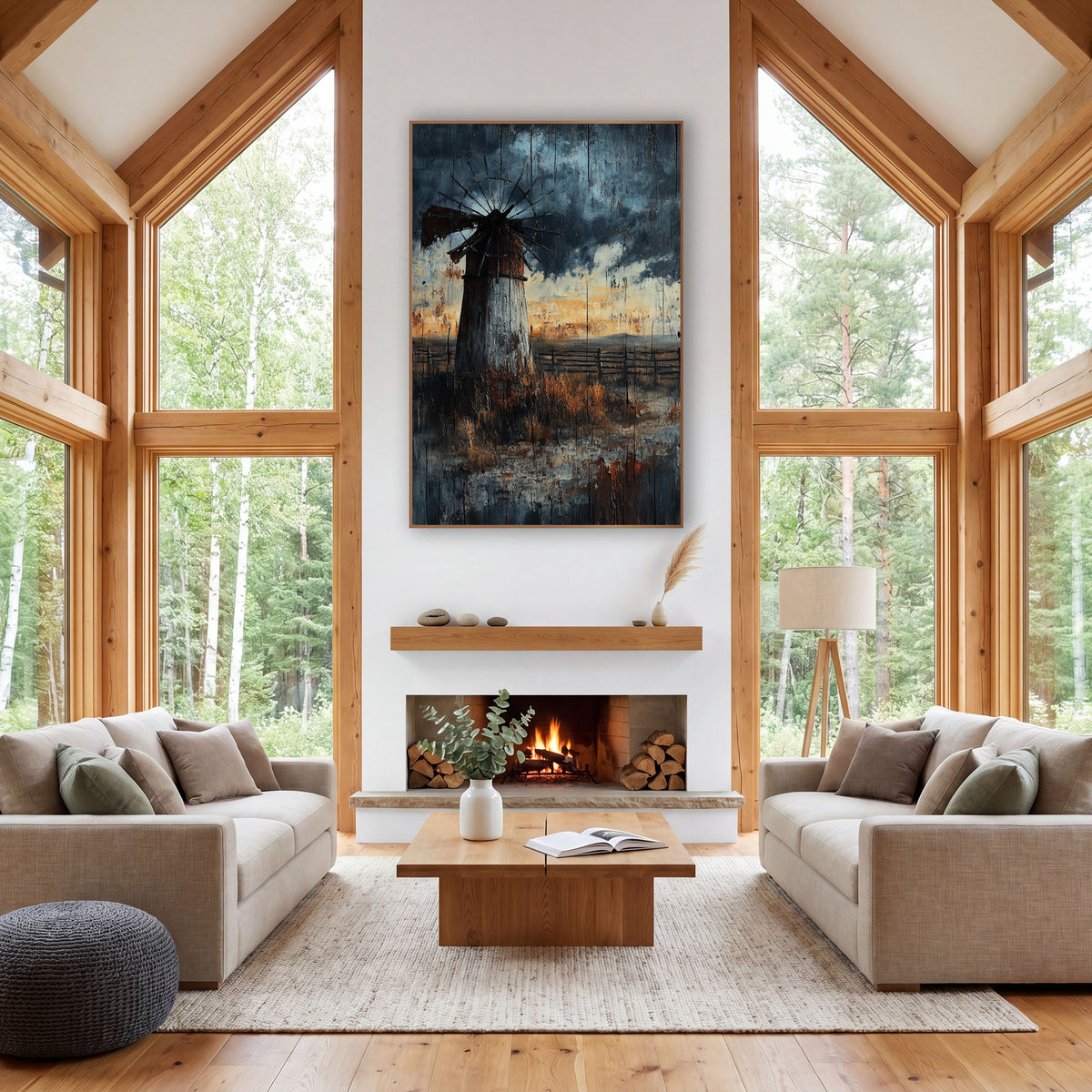 Weathered Windmill Prairie Western Landscape wall art in a rustic western-style room – old windmill with a bent wheel