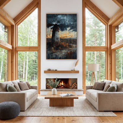 Weathered Windmill Prairie Western Landscape wall art in a rustic western-style room – old windmill with a bent wheel
