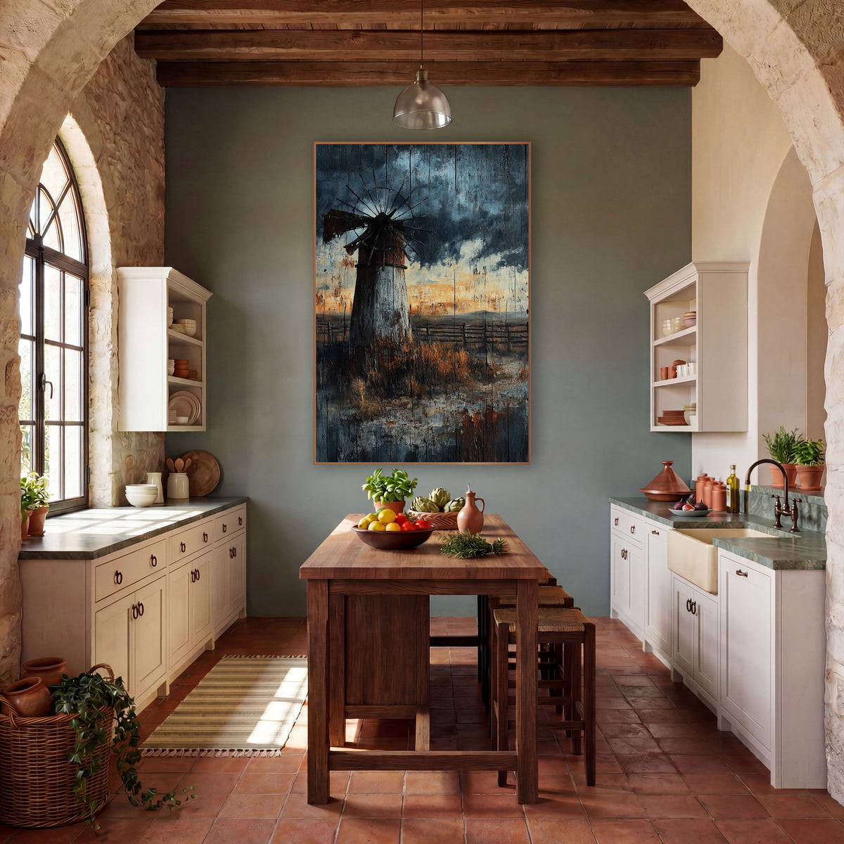 Weathered Windmill Prairie Western Landscape wall art in a rustic western-style room – old windmill with a bent wheel
