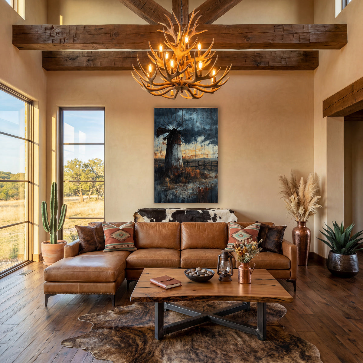 Weathered Windmill Prairie Western Landscape wall art in a rustic western-style room – old windmill with a bent wheel