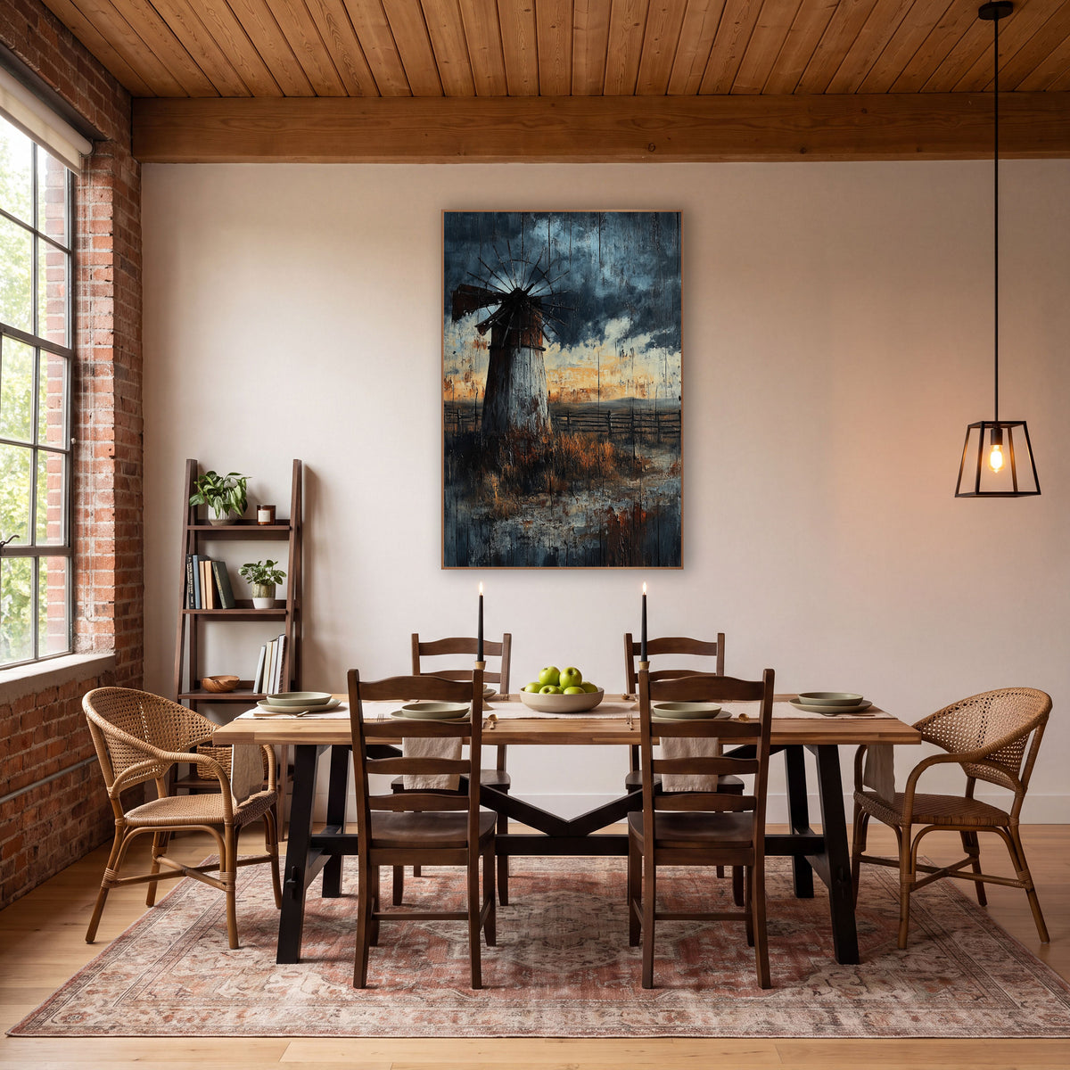 Weathered Windmill Prairie Western Landscape wall art in a rustic western-style room – old windmill with a bent wheel