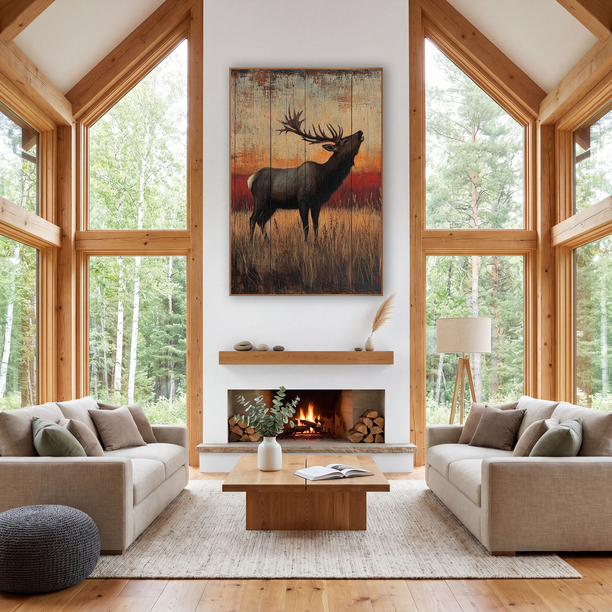 Bugling Elk Rustic Western wall art in a rustic western-style room – bull elk with large antlers calling with head