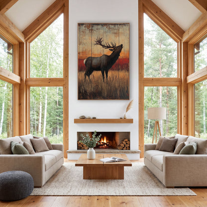 Bugling Elk Rustic Western wall art in a rustic western-style room – bull elk with large antlers calling with head