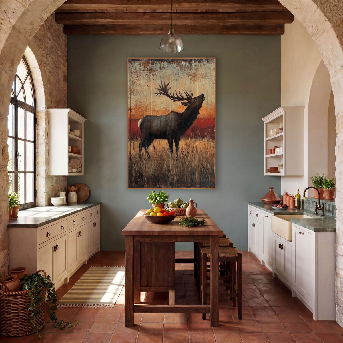 Bugling Elk Rustic Western wall art in a rustic western-style room – bull elk with large antlers calling with head