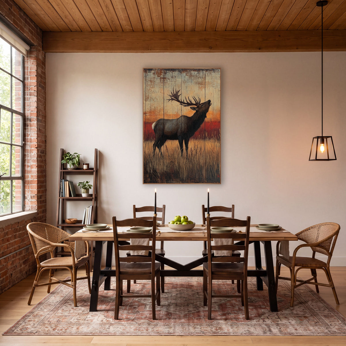 Bugling Elk Rustic Western wall art in a rustic western-style room – bull elk with large antlers calling with head