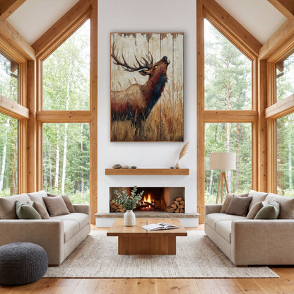 Bugling Bull Elk Rustic wall art in a rustic western-style room – bull elk with large antlers calling with head raised