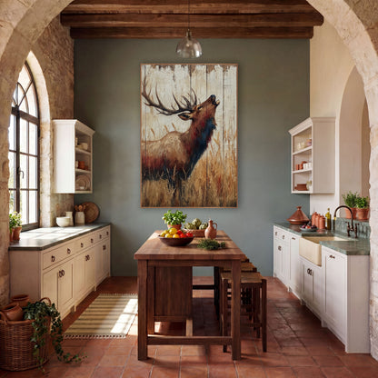 Bugling Bull Elk Rustic wall art in a rustic western-style room – bull elk with large antlers calling with head raised