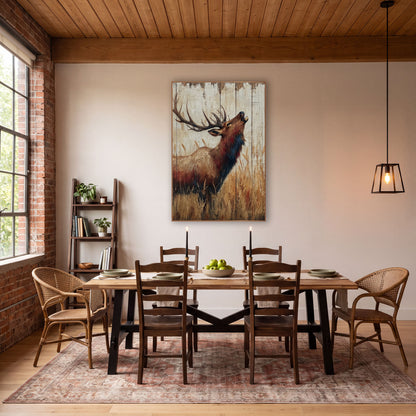 Bugling Bull Elk Rustic wall art in a rustic western-style room – bull elk with large antlers calling with head raised