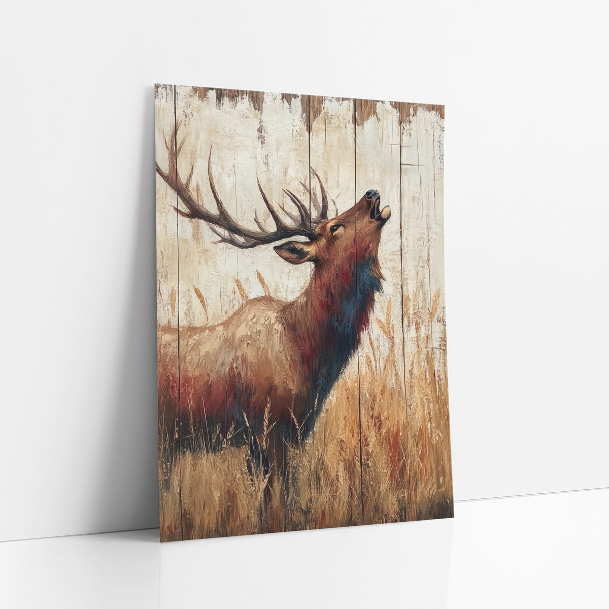 Bugling Bull Elk Rustic art print leaning against a white wall – bull elk with large antlers calling with head raised