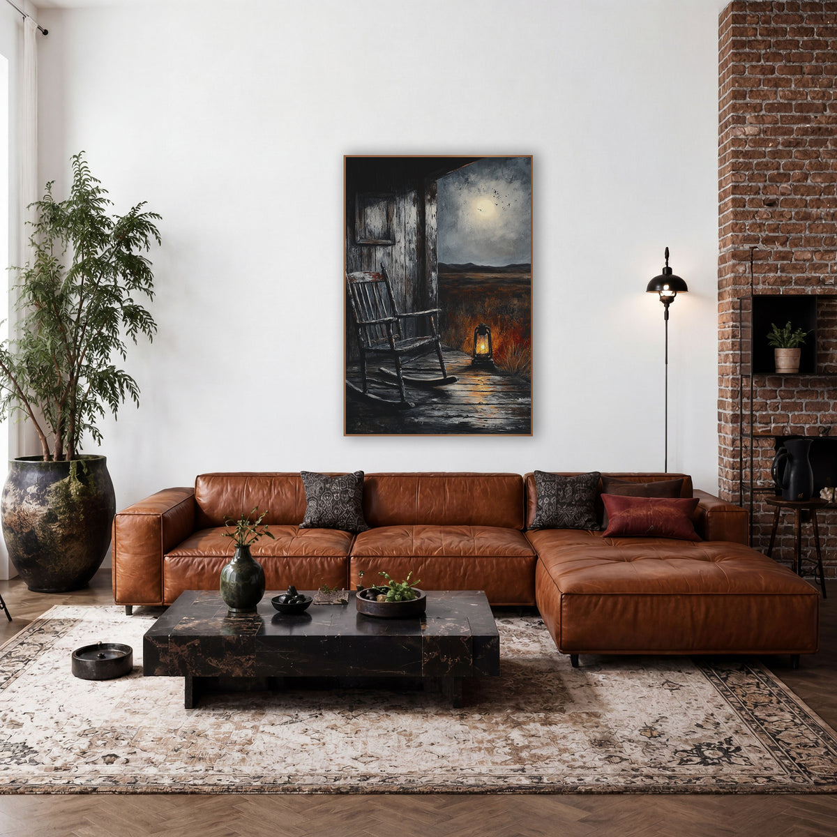 Weathered Porch Lantern Rocker Rustic wall art in a rustic western-style room – empty wooden rocking chair