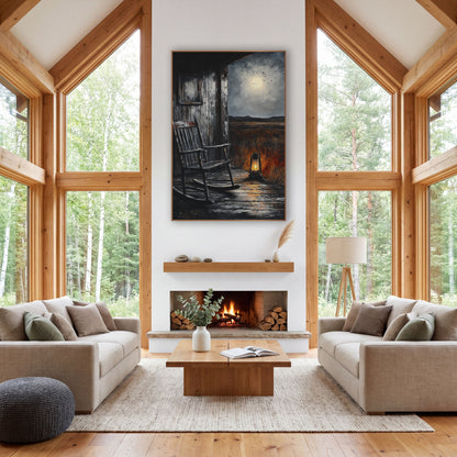Weathered Porch Lantern Rocker Rustic wall art in a rustic western-style room – empty wooden rocking chair
