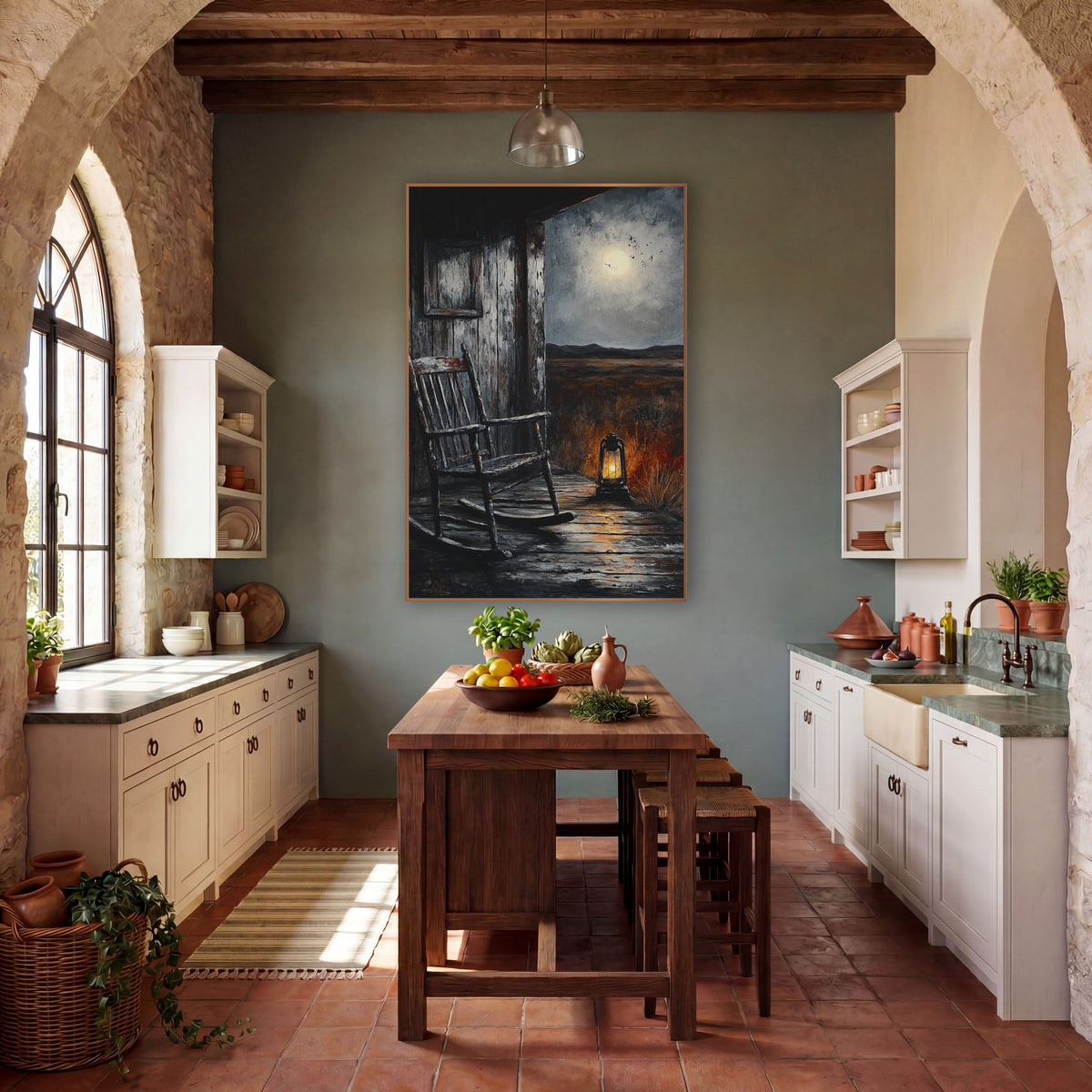 Weathered Porch Lantern Rocker Rustic wall art in a rustic western-style room – empty wooden rocking chair