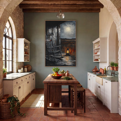 Weathered Porch Lantern Rocker Rustic wall art in a rustic western-style room – empty wooden rocking chair