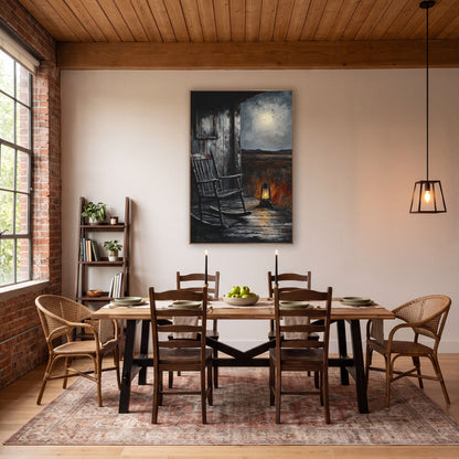 Weathered Porch Lantern Rocker Rustic wall art in a rustic western-style room – empty wooden rocking chair