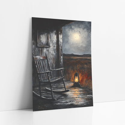 Weathered Porch Lantern Rocker Rustic art print leaning against a white wall – empty wooden rocking chair on a weathered