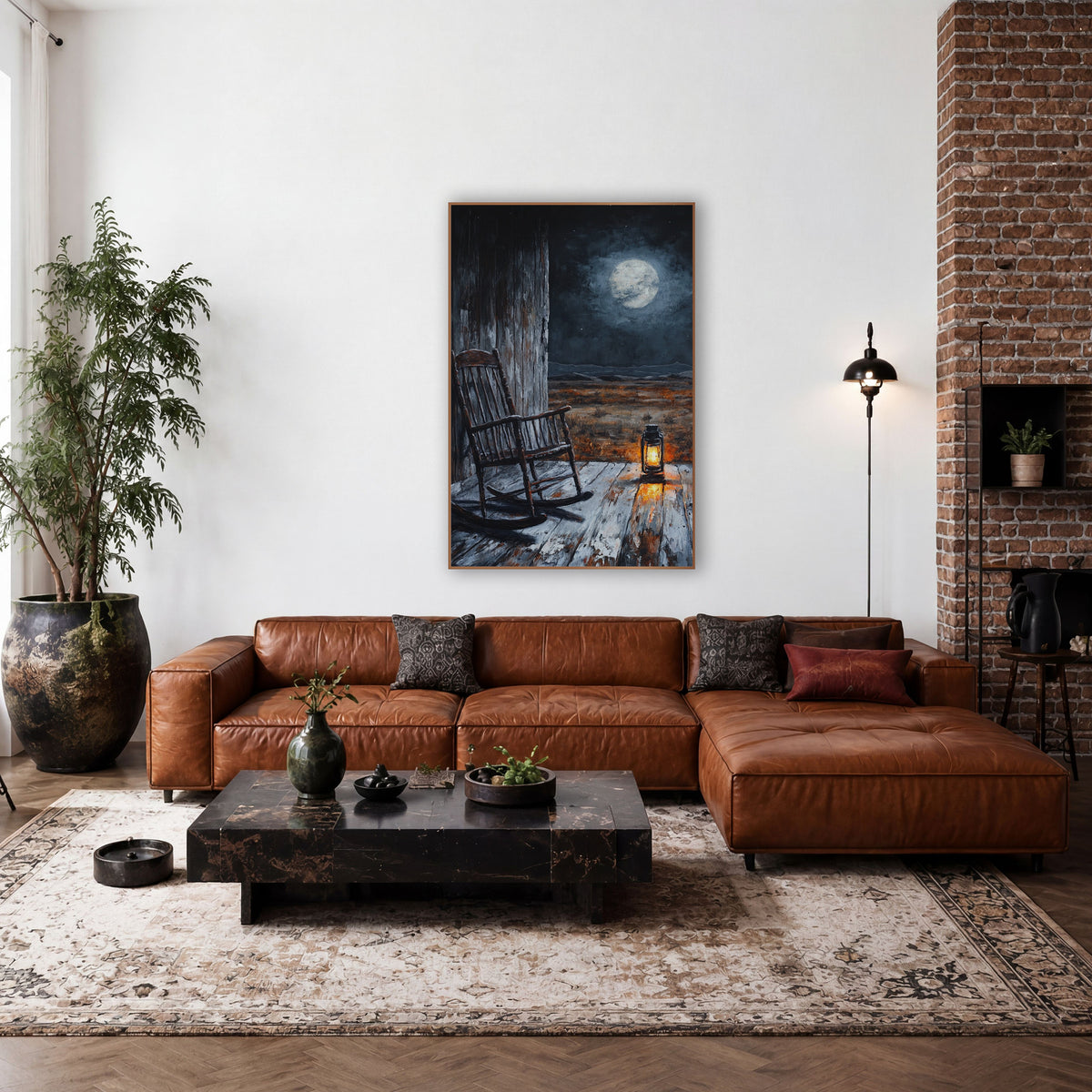 Starlit Plank Rocker Silvery Western wall art in a rustic western-style room – empty rocking chair and glowing lantern