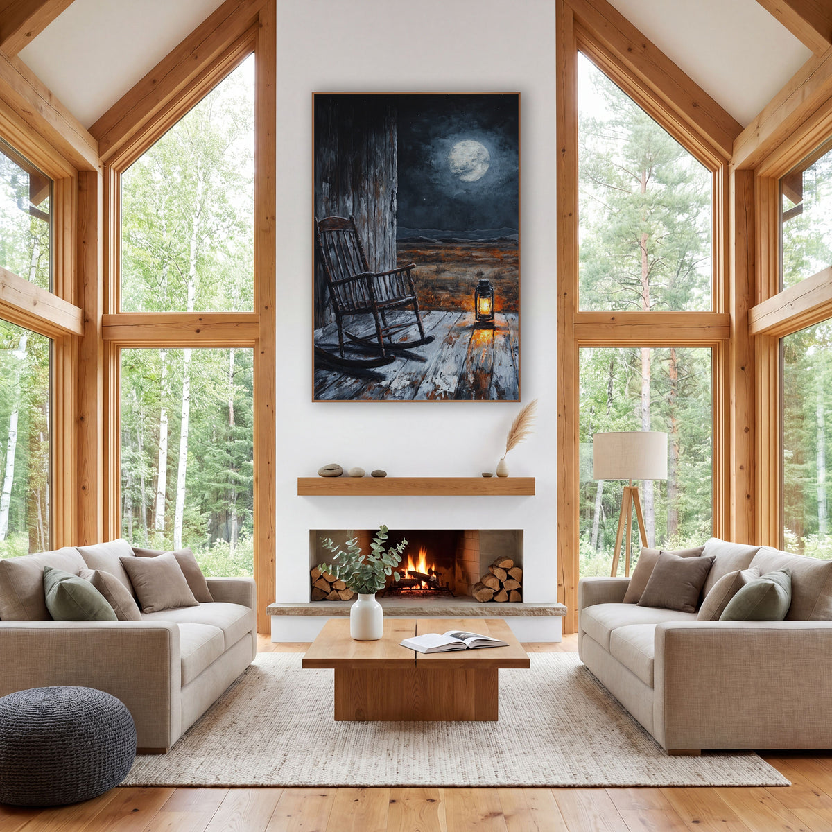 Starlit Plank Rocker Silvery Western wall art in a rustic western-style room – empty rocking chair and glowing lantern