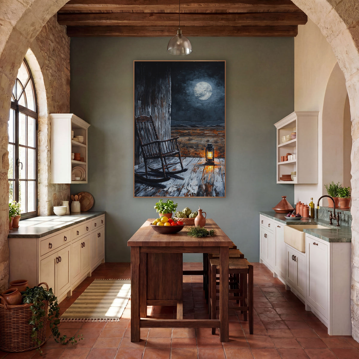 Starlit Plank Rocker Silvery Western wall art in a rustic western-style room – empty rocking chair and glowing lantern