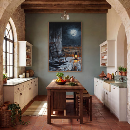 Starlit Plank Rocker Silvery Western wall art in a rustic western-style room – empty rocking chair and glowing lantern