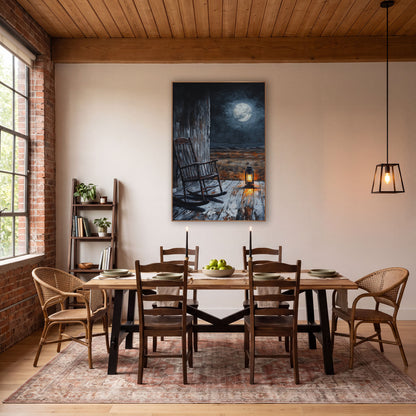 Starlit Plank Rocker Silvery Western wall art in a rustic western-style room – empty rocking chair and glowing lantern