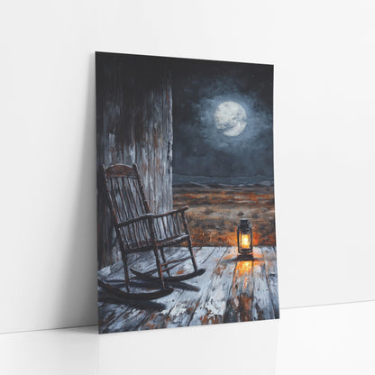 Starlit Plank Rocker Silvery Western art print leaning against a white wall – empty rocking chair and glowing lantern